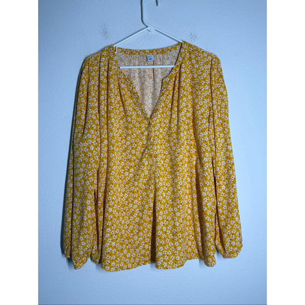 Old Navy Women’s Yellow Floral Blouse Size XL Rayon Long Sleeve Boho Peasant Top - Picture 2 of 9